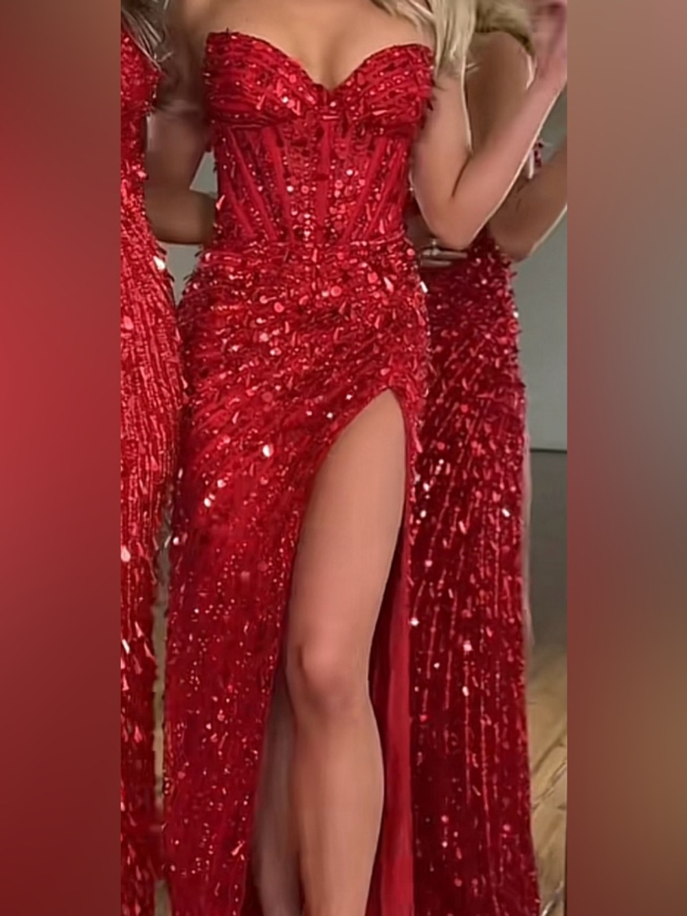 Sherri Hill Red Sequin High-Slit Corset Gown